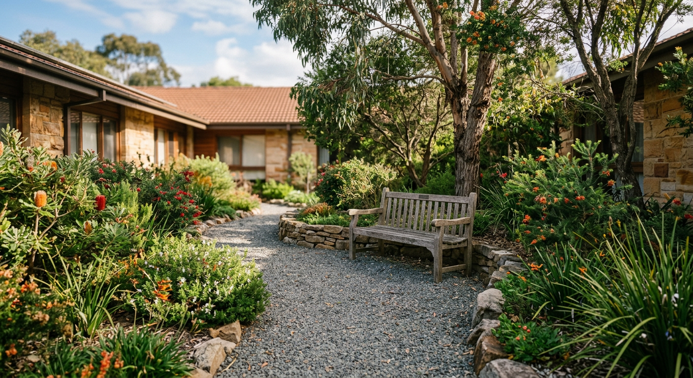 Quiet sunlit courtyard garden with a wooden bench and native plants