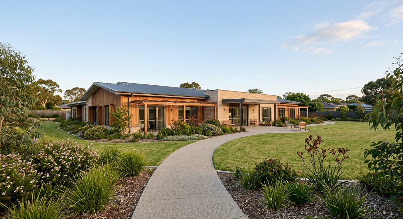 Modern single-storey residential building with a landscaped garden and a paved path