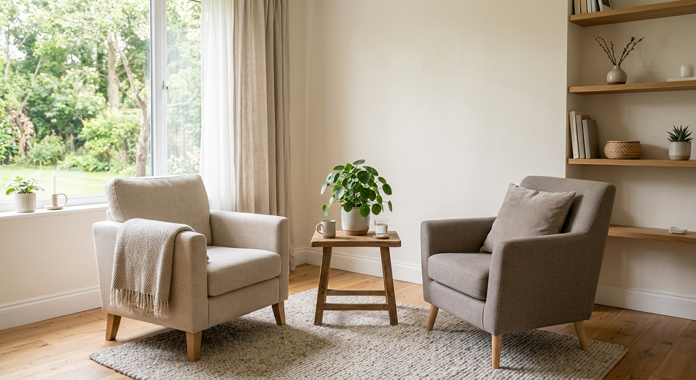 Bright, calm therapy room with two armchairs facing each other